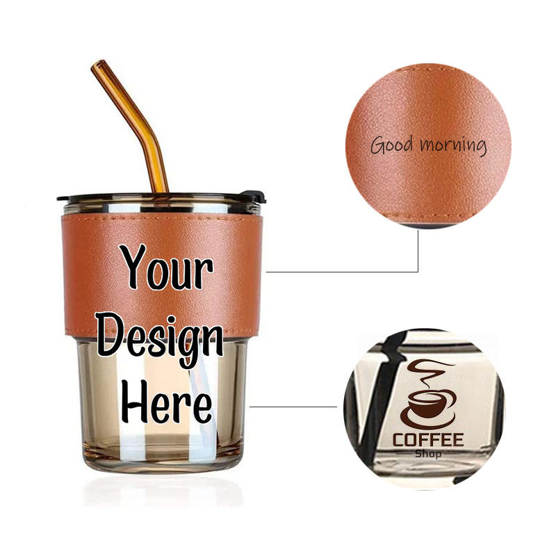 Wholesale Hot 15oz Custom Logo Clear Printed Glass Straw Coffee Mugs Custom Milk Leather Case Drinking Cup with Lip and Straw supplier