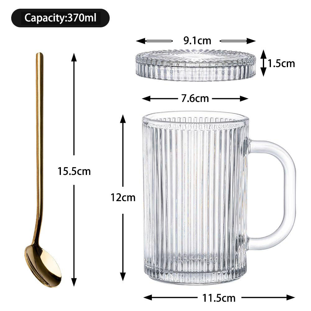 Clear Coffee Mugs Elegant Design Clear Glass Coffee Cups Vintage Vertically Striped Tea Mug Classic Tea Cup with Handle and Lid details