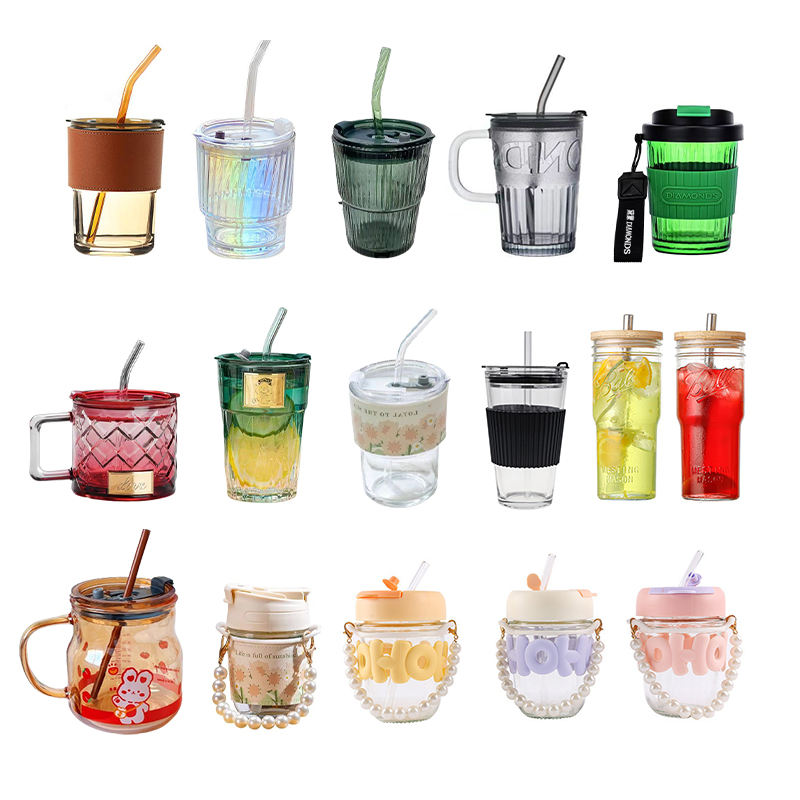 Wholesale Hot 15oz Custom Logo Clear Printed Glass Straw Coffee Mugs Custom Milk Leather Case Drinking Cup with Lip and Straw details