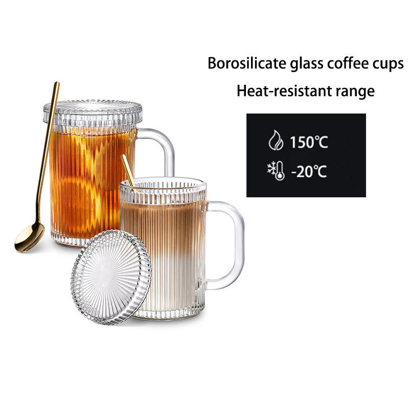 Clear Coffee Mugs Elegant Design Clear Glass Coffee Cups Vintage Vertically Striped Tea Mug Classic Tea Cup with Handle and Lid details