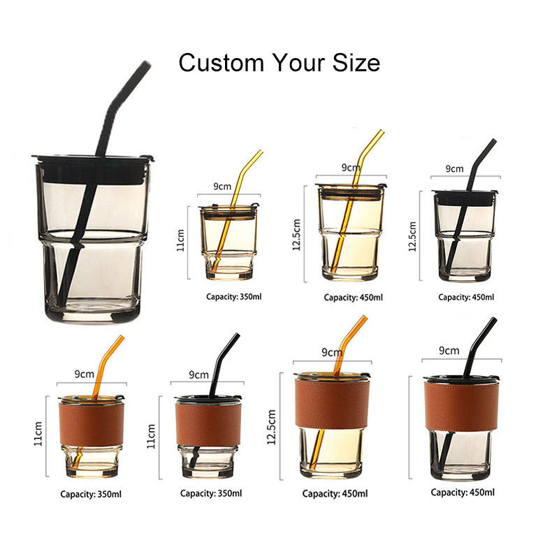 Wholesale Hot 15oz Custom Logo Clear Printed Glass Straw Coffee Mugs Custom Milk Leather Case Drinking Cup with Lip and Straw supplier