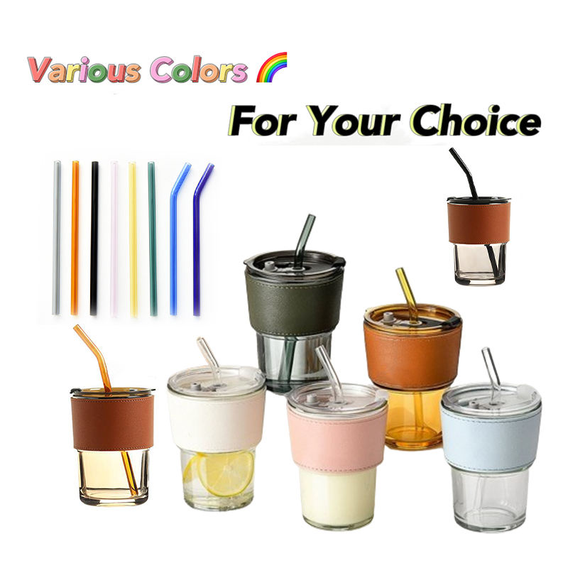 Wholesale Hot 15oz Custom Logo Clear Printed Glass Straw Coffee Mugs Custom Milk Leather Case Drinking Cup with Lip and Straw supplier