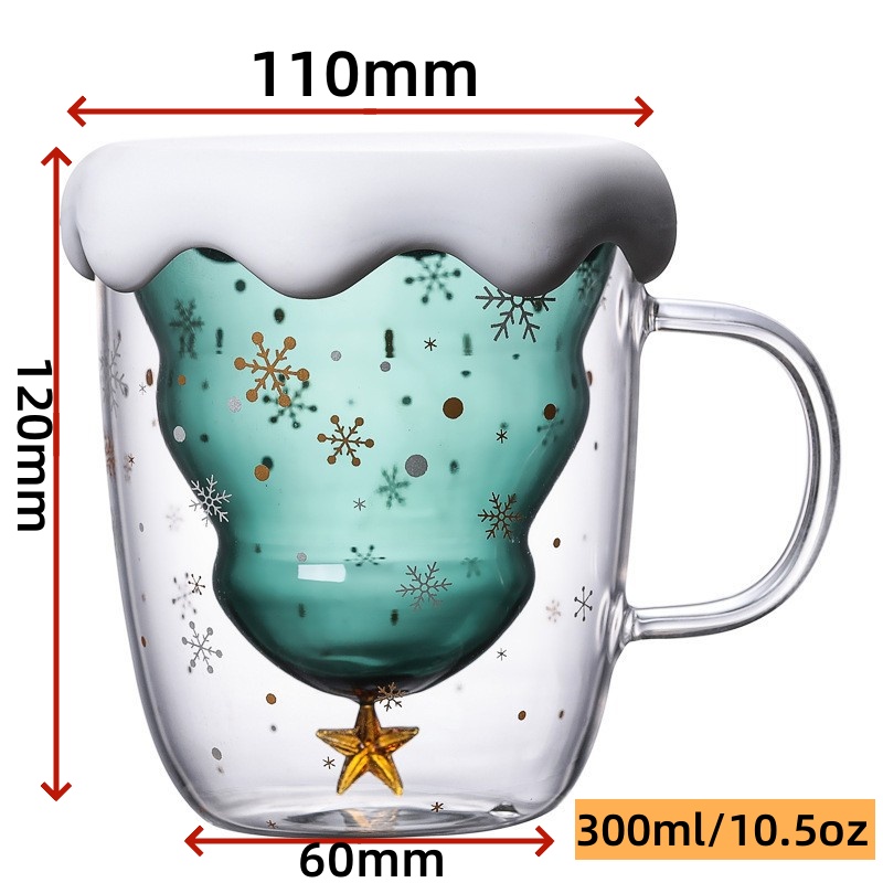 Custom Christmas Tree Shaped Cup Creative Glass Mug Double Wall Glass Coffee Tea Cup Cute Cup With Handle with Lid details