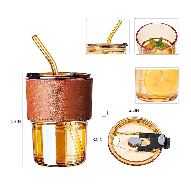 Custom Logo Hot Sale Clear Mug 450ML Glass Coffee Milk Leather Case Drinking Cup with Lip and Straw factory