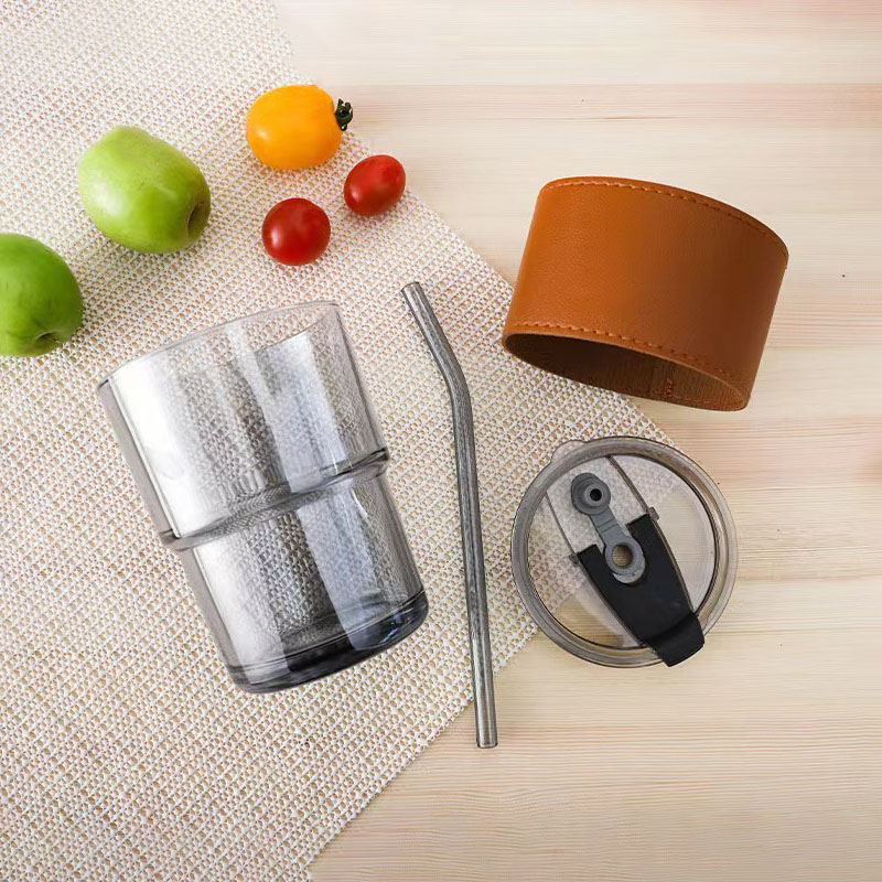 Custom Logo Hot Sale Clear Mug 450ML Glass Coffee Milk Leather Case Drinking Cup with Lip and Straw manufacture