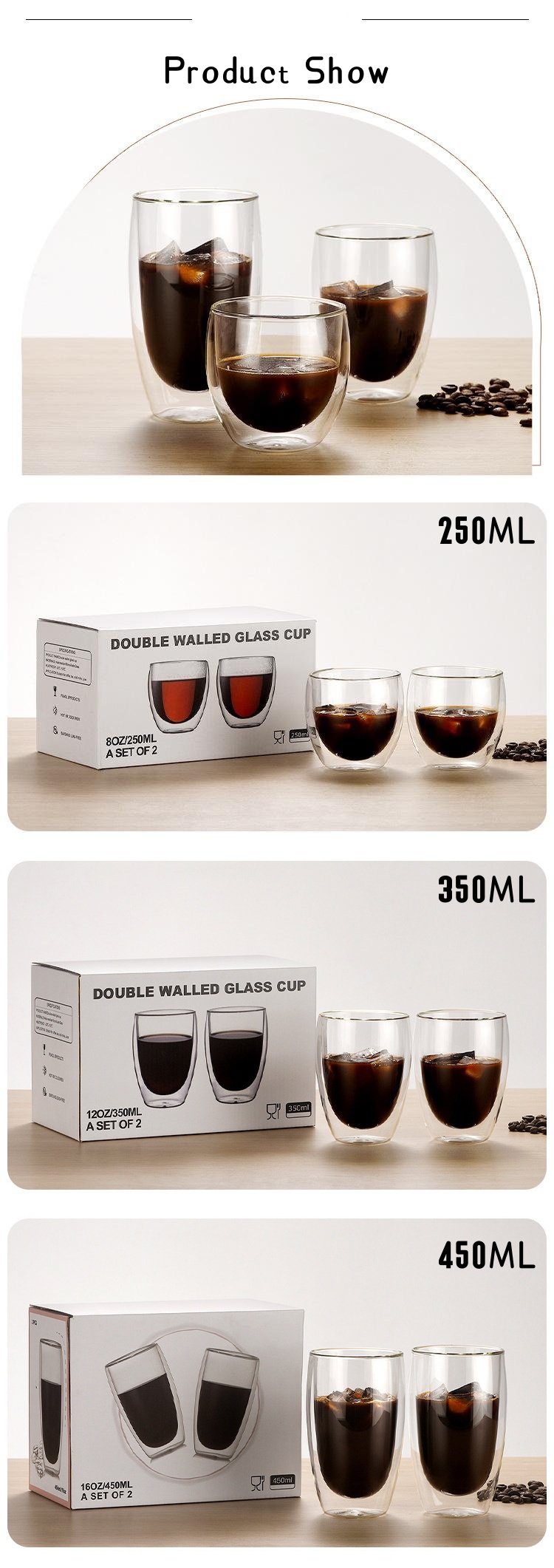 450ml Heat-Resistant No Handle Double Wall Glass Coffee or Tea Cups Clear High Borosilicate Coffee Mug supplier