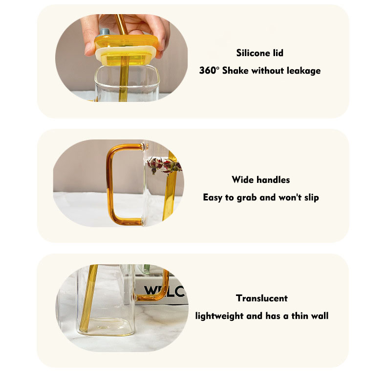 400ml or 14oz glass straw cups flower tea cup heat-resistant glass straw cups with bamboo lid details