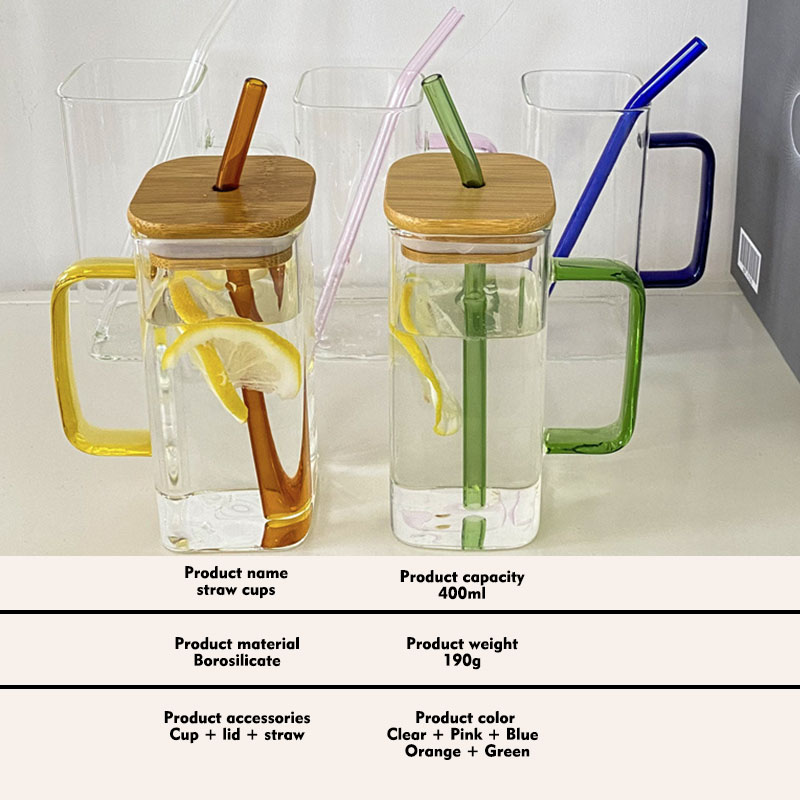 400ml or 14oz glass straw cups flower tea cup heat-resistant glass straw cups with bamboo lid factory