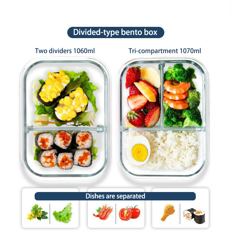 Glass food storage container rectangular container kitchen preparation bowl with airtight lid and partition details