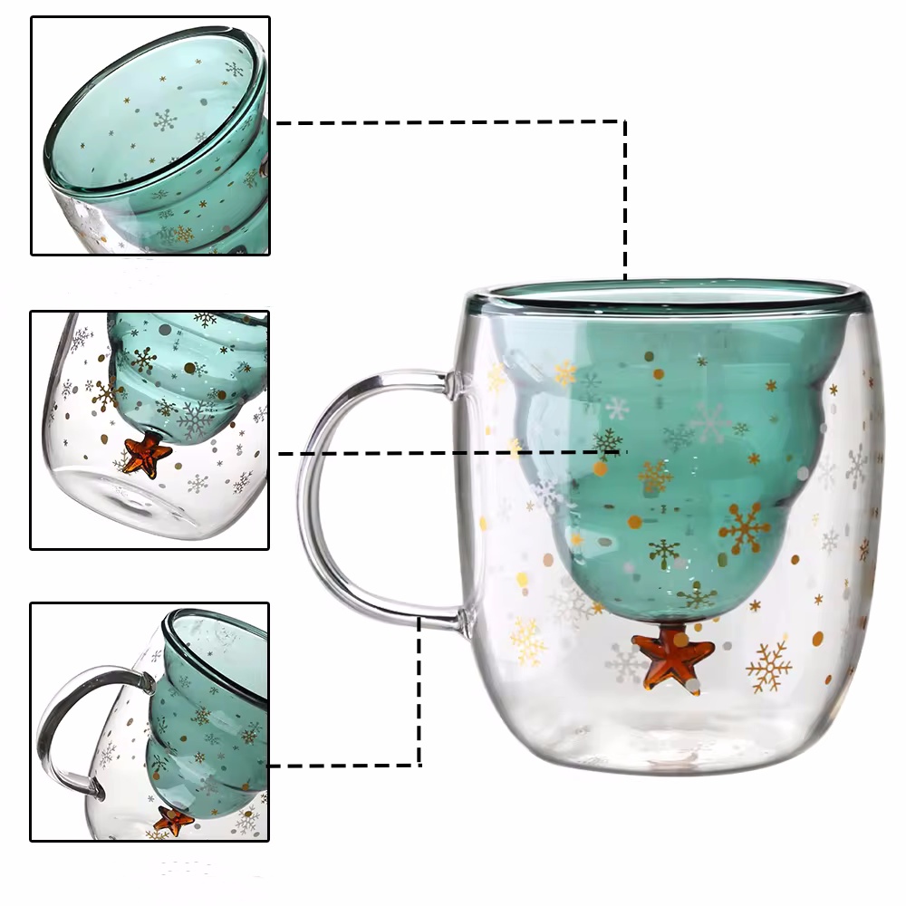 Custom Christmas Tree Shaped Cup Creative Glass Mug Double Wall Glass Coffee Tea Cup Cute Cup With Handle with Lid manufacture