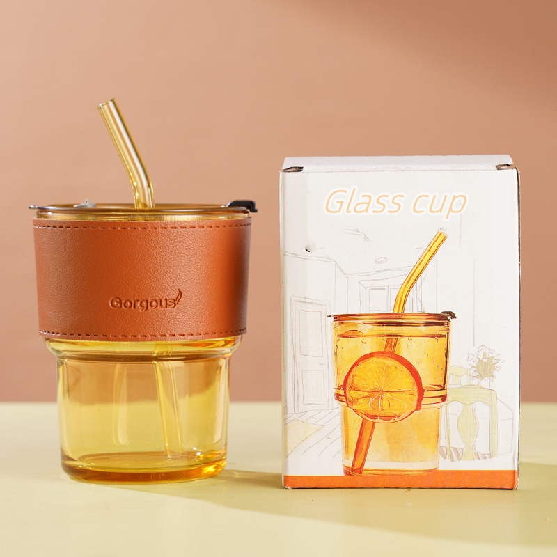 Custom Logo Hot Sale Clear Mug 450ML Glass Coffee Milk Leather Case Drinking Cup with Lip and Straw manufacture