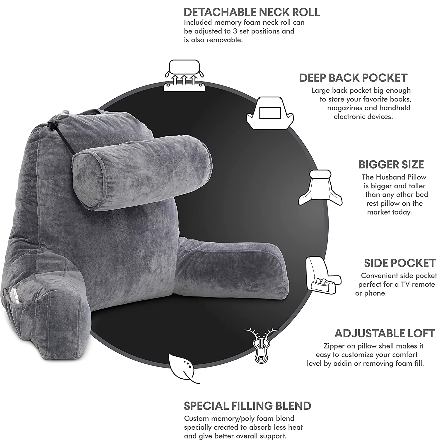 Support Bed Rest Comfy Removable Pillow Adult Reading Pillow Shredded Memory Foam Backrest Pillow with Arms supplier