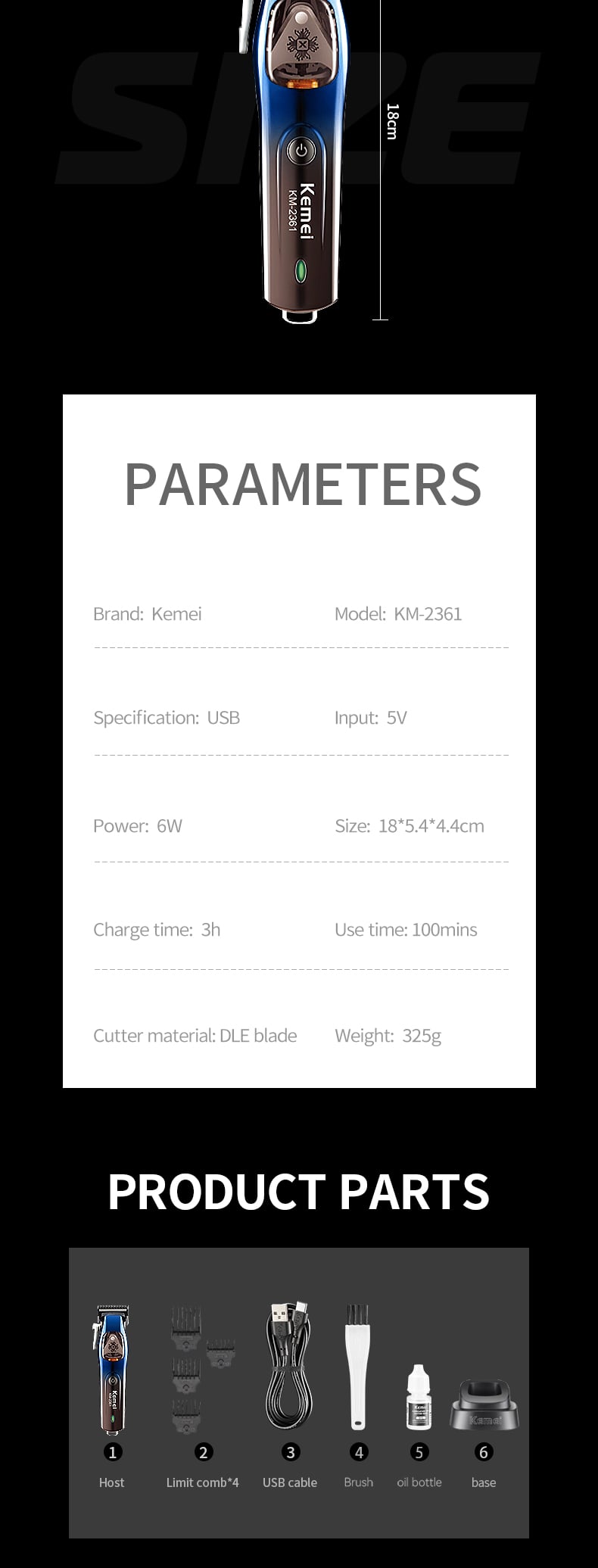 KEMEI km-2361 DLC 10000rpm Rechargeable Hair Trimmer Hair Trimmer Hair Cut Machine Clipper factory