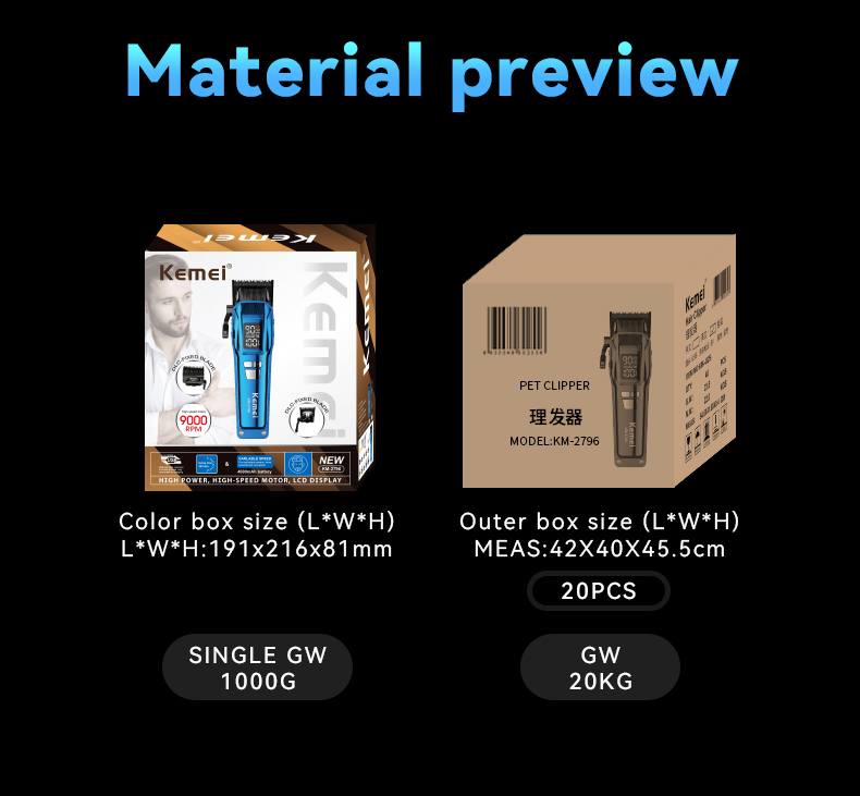 KEMEI km-2796 Hair Trimmers Clippers Professional Cordless 4600mah Lasting Rechargeable Hair Trimmers Clippers manufacture