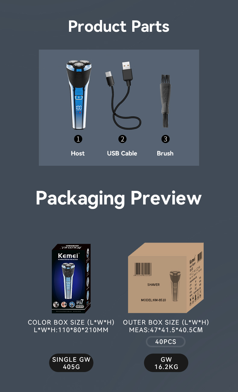 Men Triple Floating Blade Heads Kemei km-8510 Wet-Dry Dual Use Waterproof Electric Shaver USB Rechargeable Electric Razor details