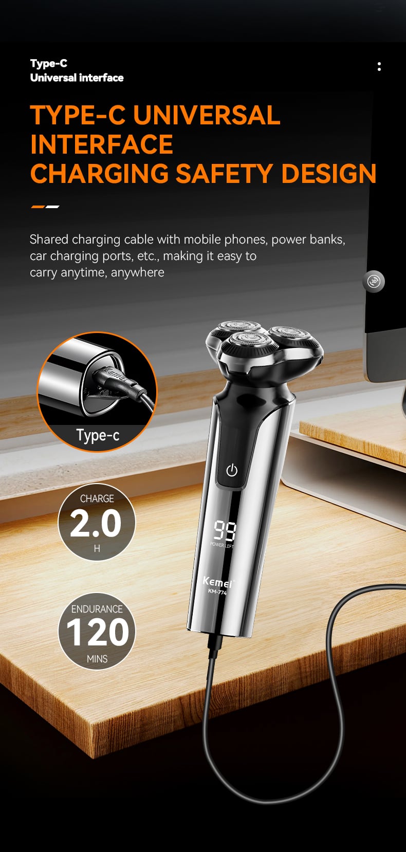 Kemei KM-774 Men Electric Razor Ipx4 Full-body Waterproof LCD Veneer Floating Three-blade Shaver manufacture