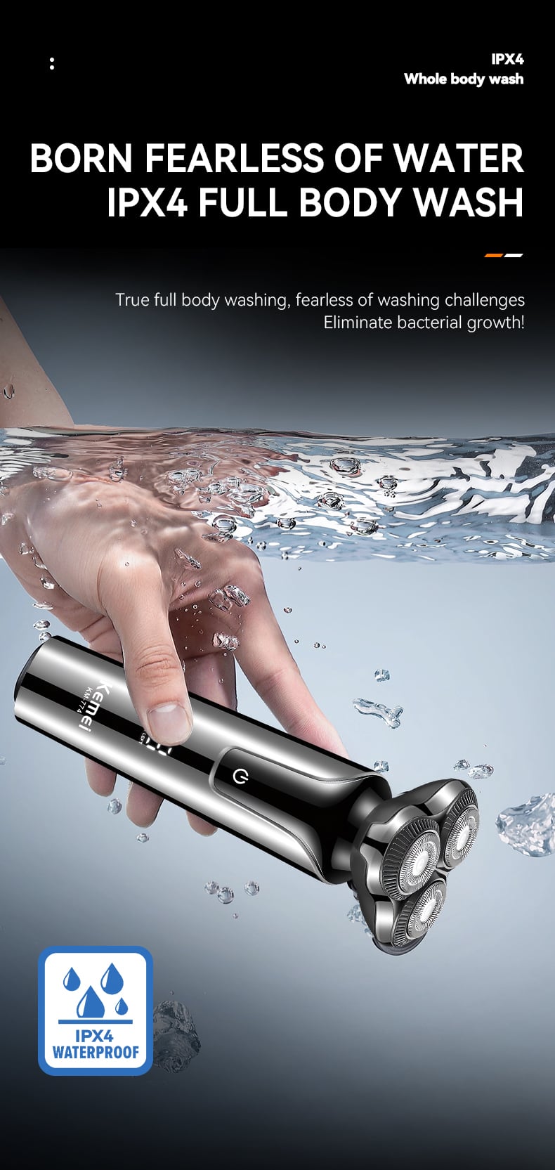 Kemei KM-774 Men Electric Razor Ipx4 Full-body Waterproof LCD Veneer Floating Three-blade Shaver manufacture