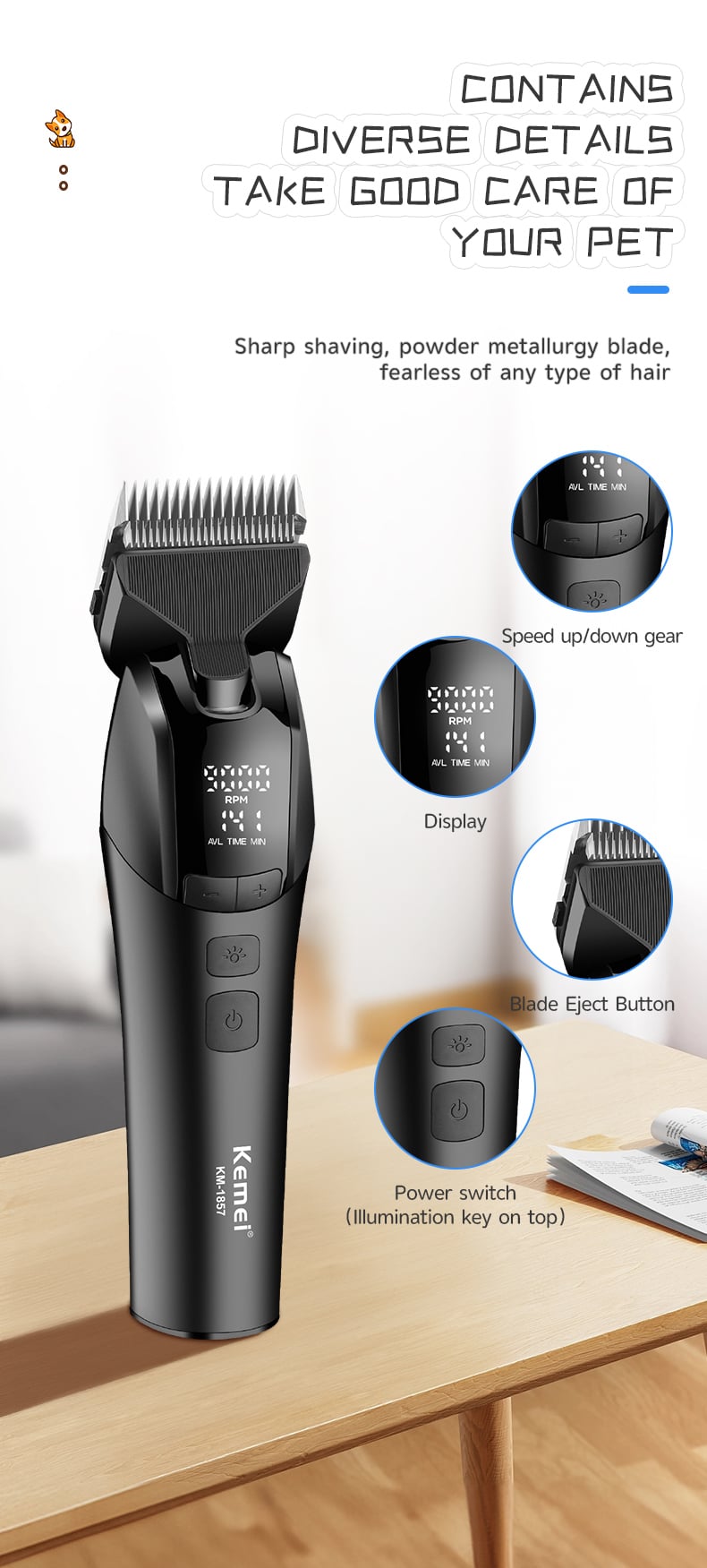 Professional Pet Grooming Tool Electric Pet Shaver Hair Shaver Km-1857 Electric Pet Hair Shaver For Dogs Cats manufacture