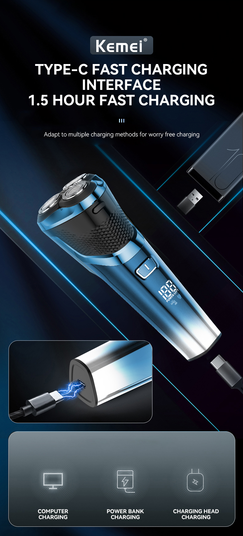 Men Triple Floating Blade Heads Kemei km-8510 Wet-Dry Dual Use Waterproof Electric Shaver USB Rechargeable Electric Razor manufacture