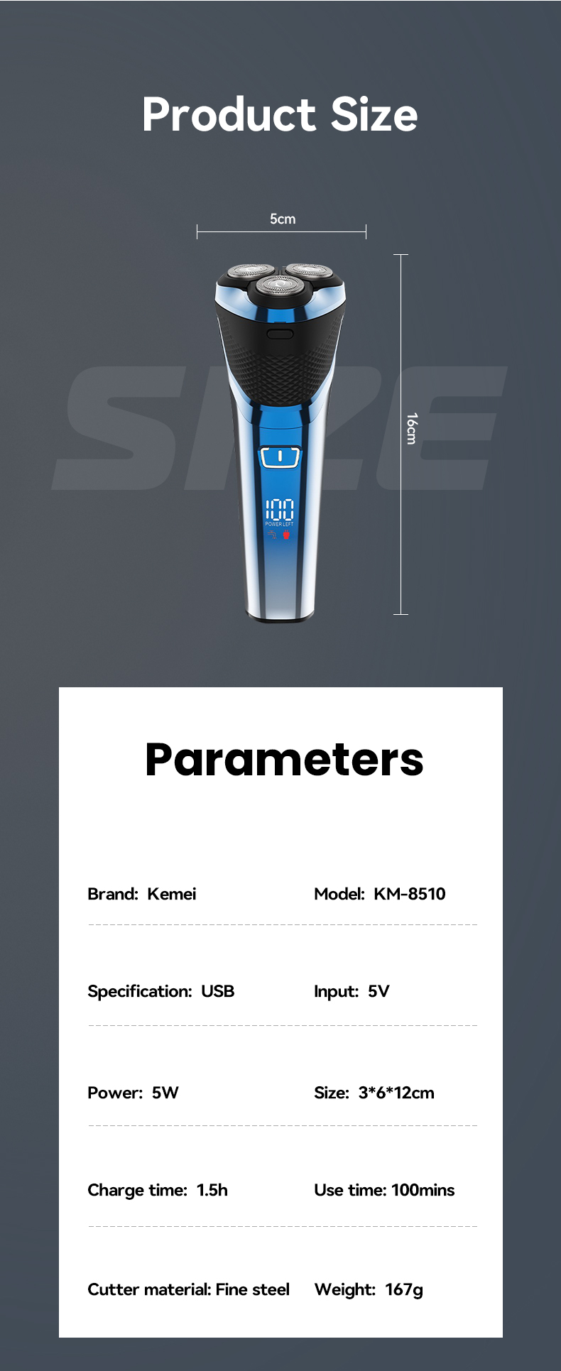 Men Triple Floating Blade Heads Kemei km-8510 Wet-Dry Dual Use Waterproof Electric Shaver USB Rechargeable Electric Razor details