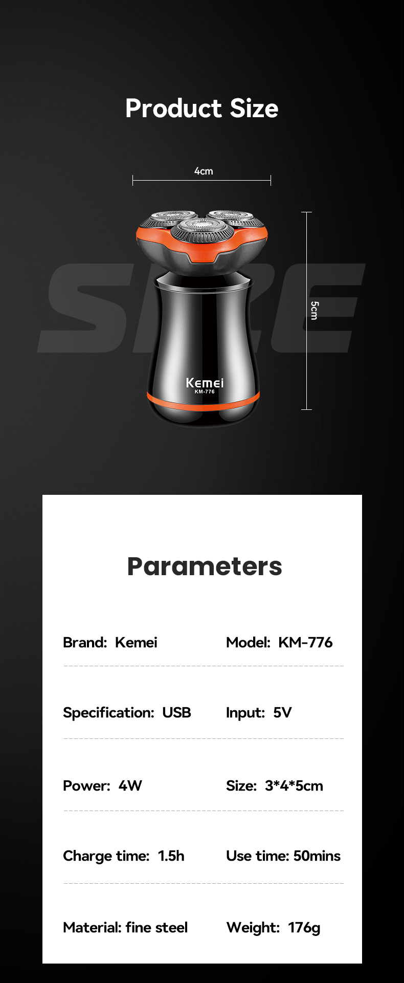 Kemei KM-776 Mini Portable Upgrade 3D Floating Blade Rechargeable Electric Shaver Rotary Beard Razor supplier