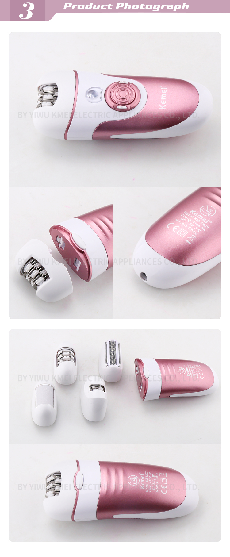 Kemei KM-1307 Factory wholesale 4 in 1 multi-function cutter head lady electric shaver with USB charging lady electric shaver factory