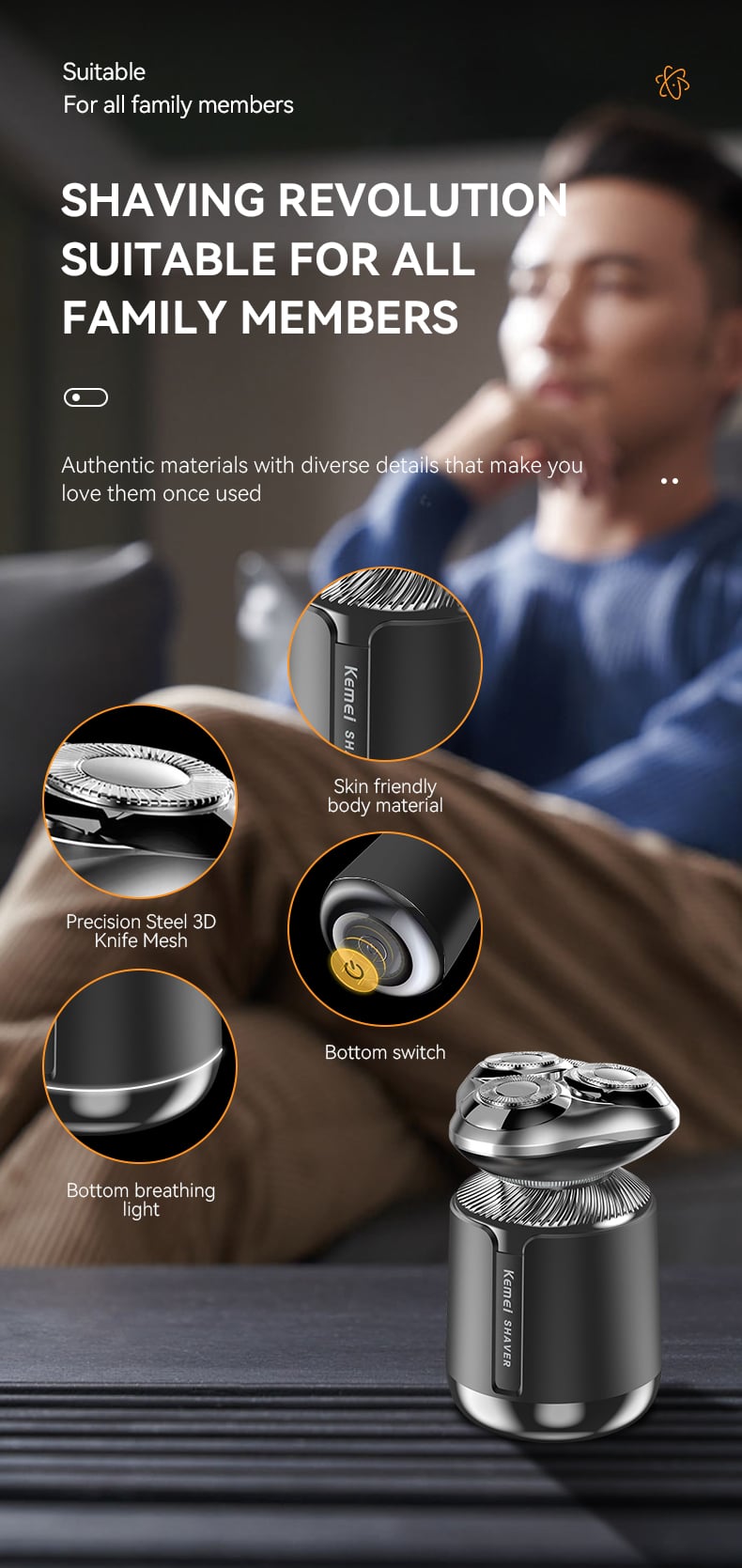 Kemei KM-3224 Three-blade New Magnetic Multi-functional 3 In 1 Full-body Waterproof Electric Shaver With Nose Hair Trimmer factory