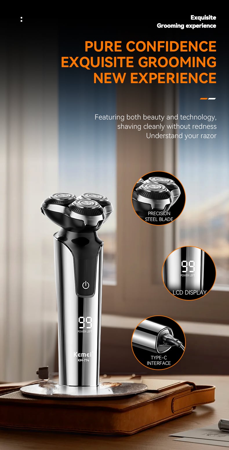 Kemei KM-774 Men Electric Razor Ipx4 Full-body Waterproof LCD Veneer Floating Three-blade Shaver details