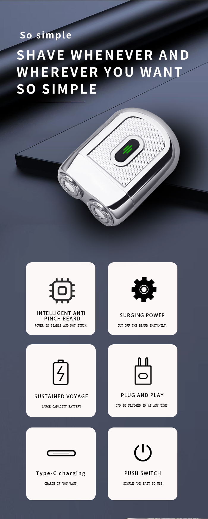 Newest Charge Men Electric Shaver Beard Trimmer Kemei km-C40 Floating Twin Blade Portable Usb Rechargeable Shaver details