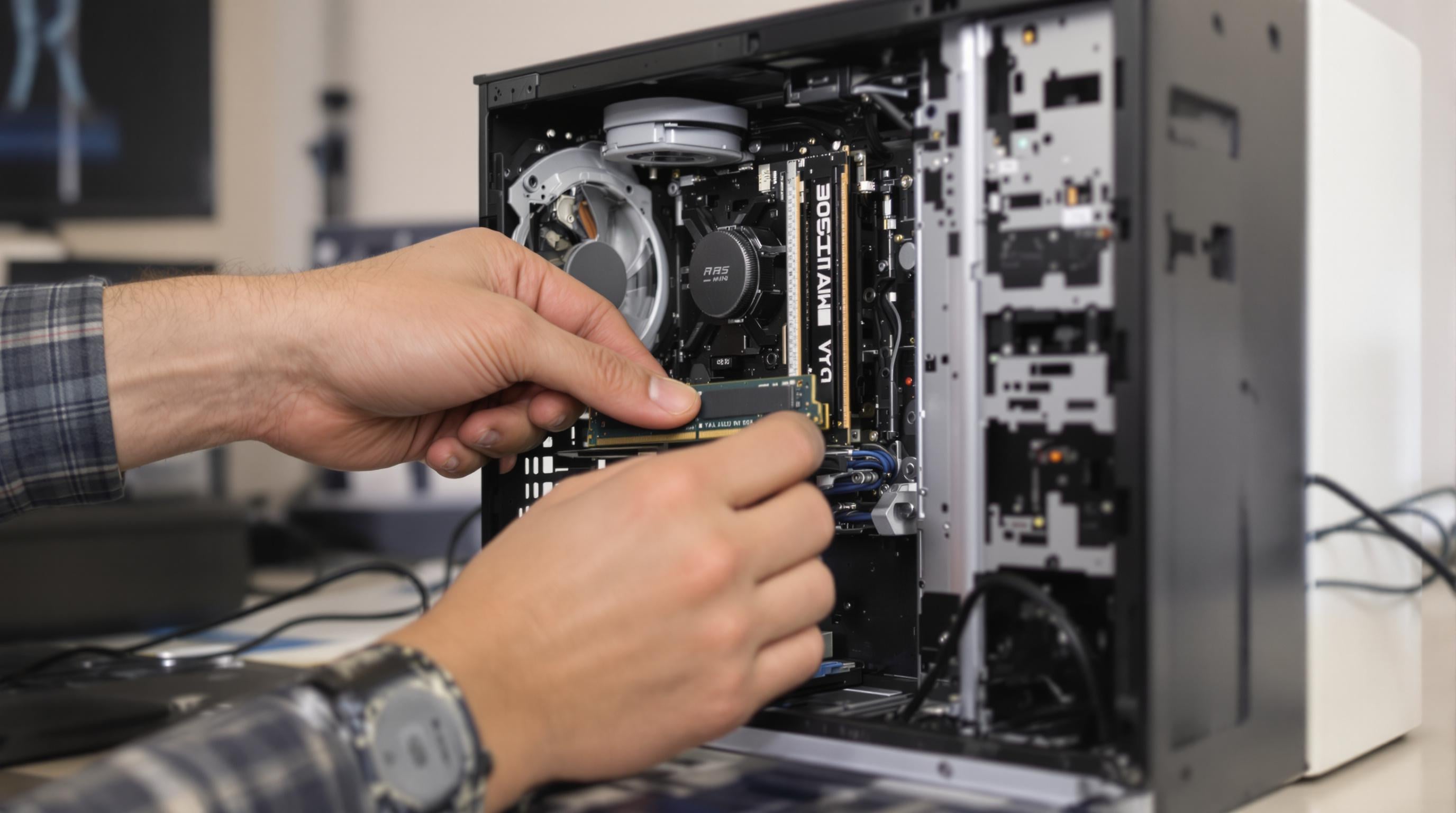 Photo of hands upgrading RAM in an open mini PC, showing modular and repairable components on a clean desk.