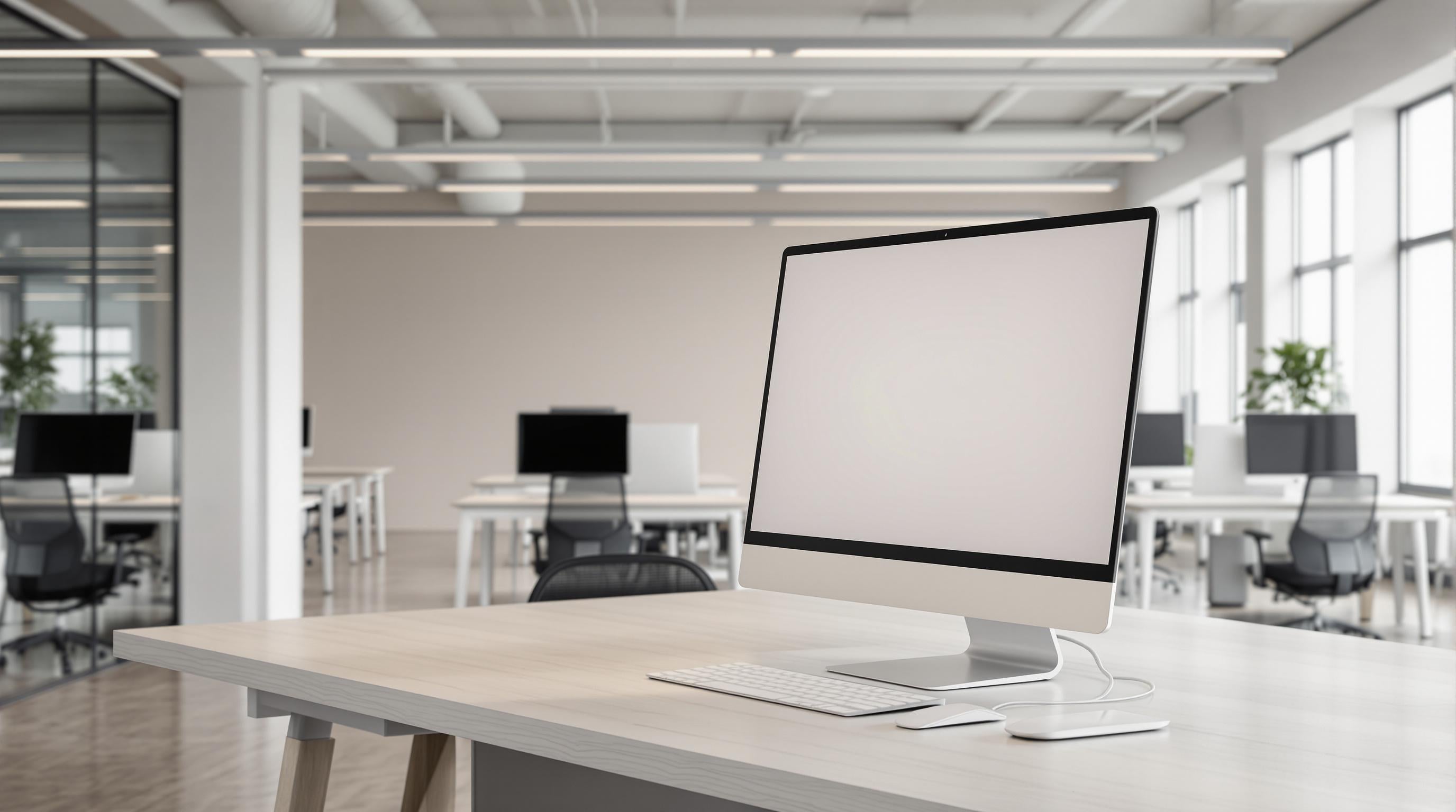 Side photo showing a tidy desk with a modern all-in-one PC in a spacious, uncluttered office