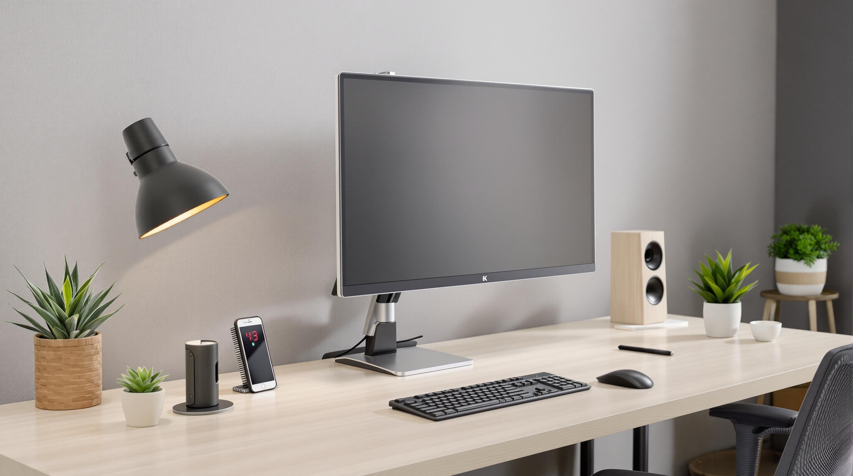 All-in-one desktop on a monitor arm freeing up desk space in a tidy office
