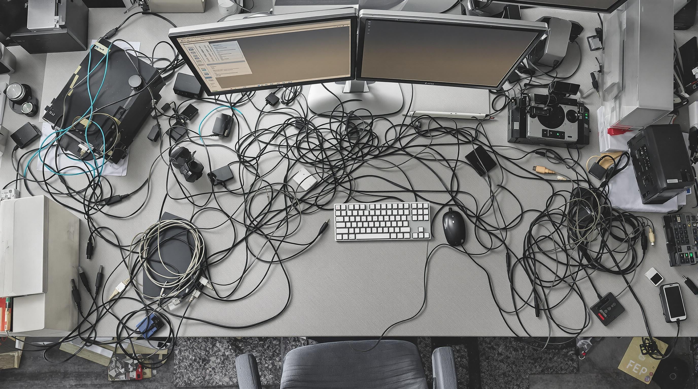 Overhead photo of a cluttered office desk with tangled cables, multiple monitors, and a traditional desktop computer