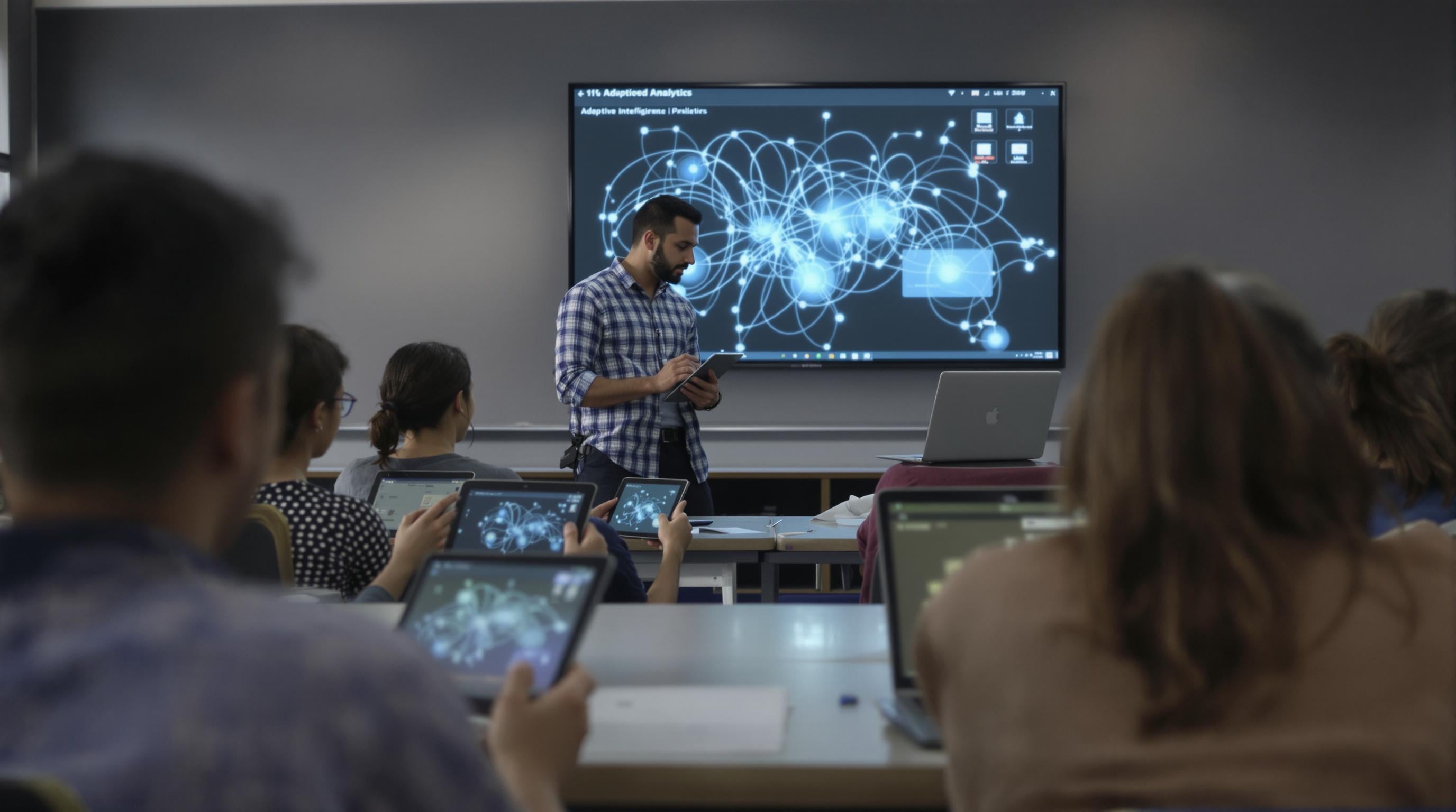 Students using tablets and a teacher viewing adaptive analytics, with AI connections visualized in a classroom