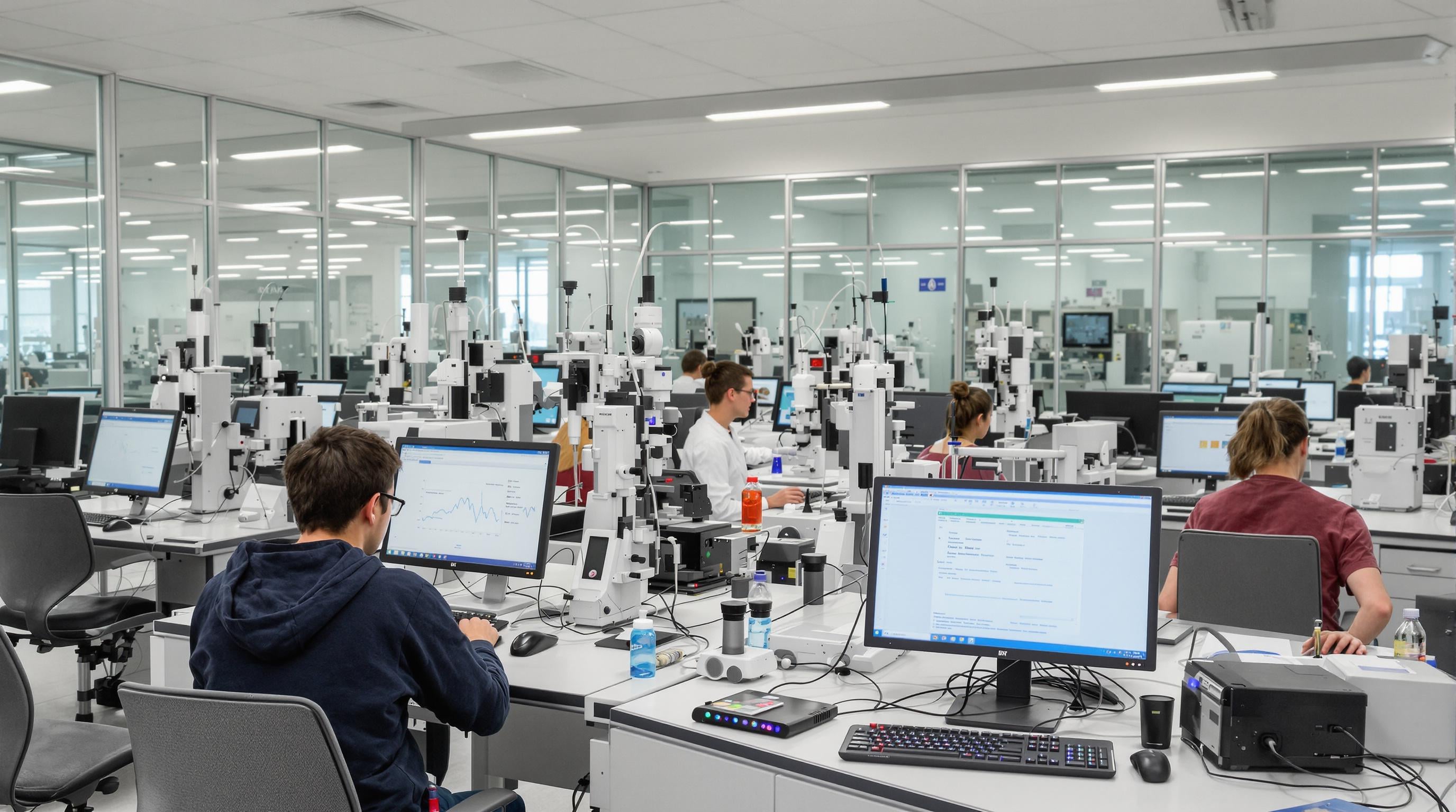 University science lab with students using mini PCs at experimental stations connected to sensors and lab equipment.