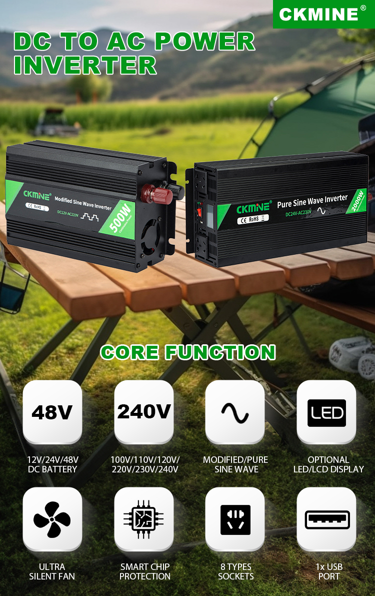 CKMINE 2000W Inverter DC 12V 24V 48V to AC 220V 230V 240V 120V 110V 100V 1000W Pure Sine Wave Power Charger Converter factory