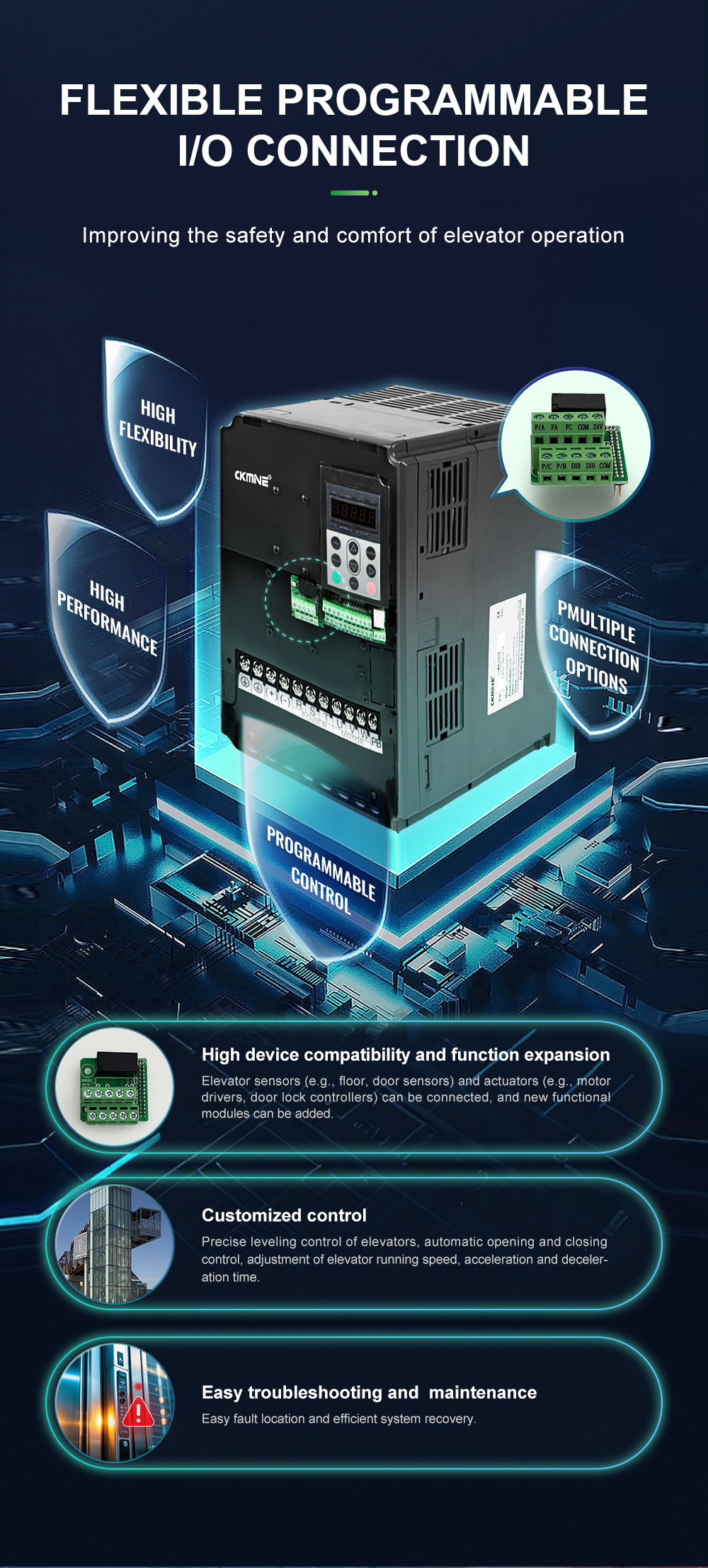 CKMINE Elevator Inverter 4-30kW 380V 3 Phase Lift Parts Frequency Control 15kW 30kW VFD VSD UPS Escalator Motor Drive manufacture