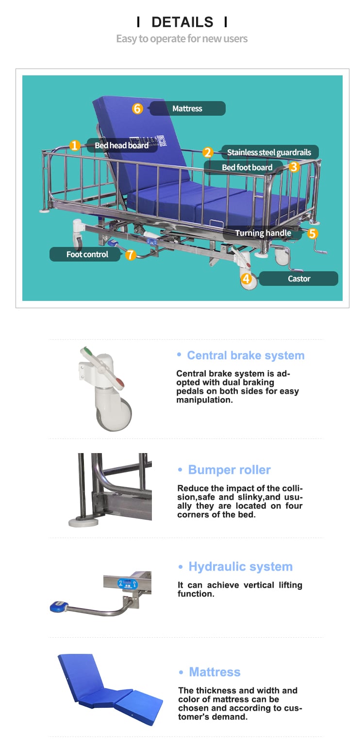 Yc-t4611K Hydraulic Five-function Manual Crank Trendelenburg Position Stainless Steel Hospital Bed supplier