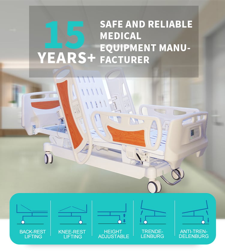 Yc-e5618K(I) 5 Functions ICU Electric Hospital Bed 4 Motors Multifunctional Medical Electric Care Bed factory