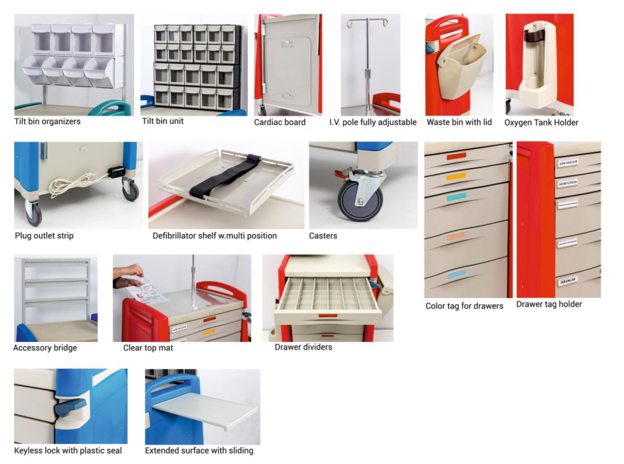 Luxurious Abs Plastic Medicine Medical Cart Emergency Treatment Trolley For Clinic Hospital Medical Crash Cart manufacture