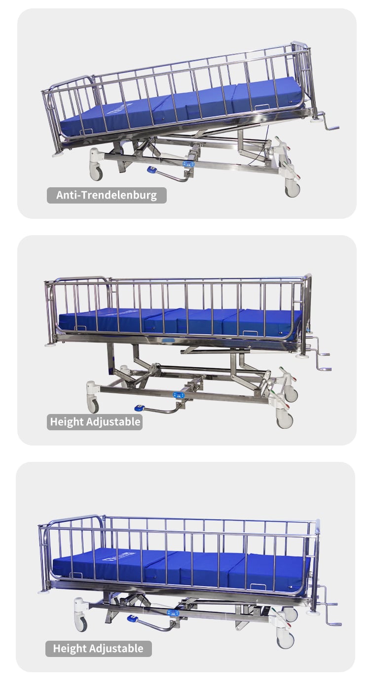 Yc-t4611K Hydraulic Five-function Manual Crank Trendelenburg Position Stainless Steel Hospital Bed factory
