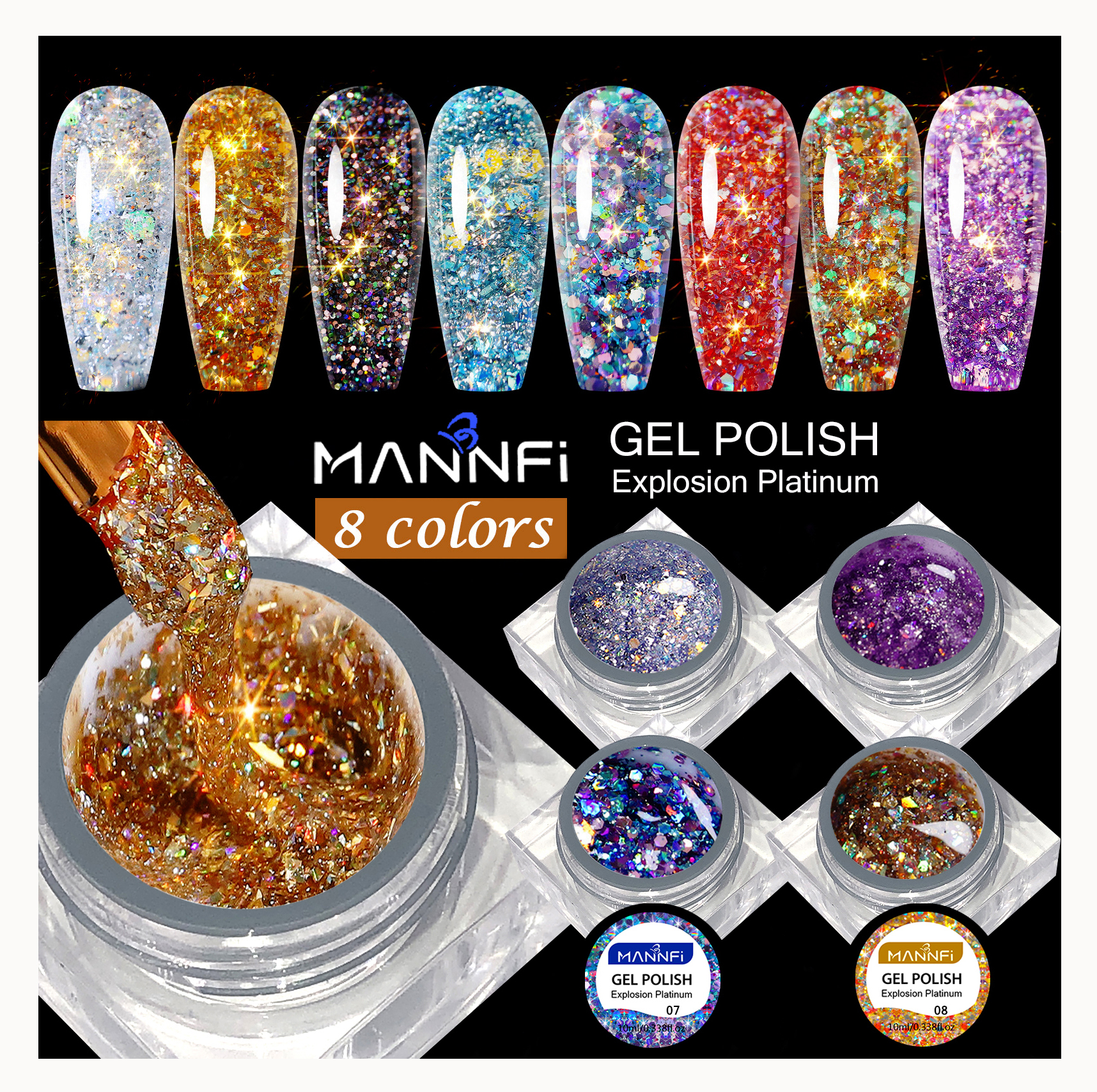 product mannfi professional suppliers new arrival uv nail gel polish elegant glitter color soak off nail art gel customizable-6