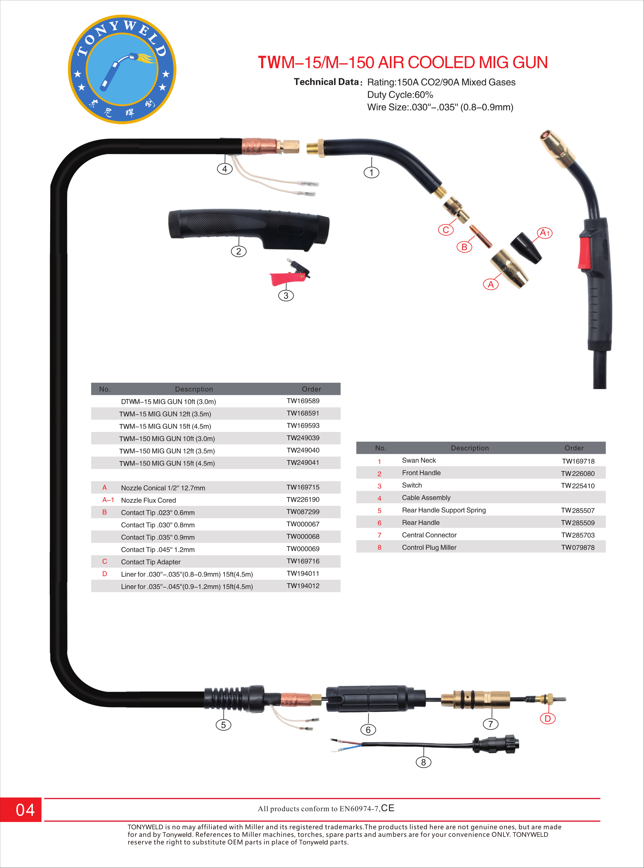Miller M-15/M-150 gas air cooled CO2 Mig welding torches 3/4/5 M supplier