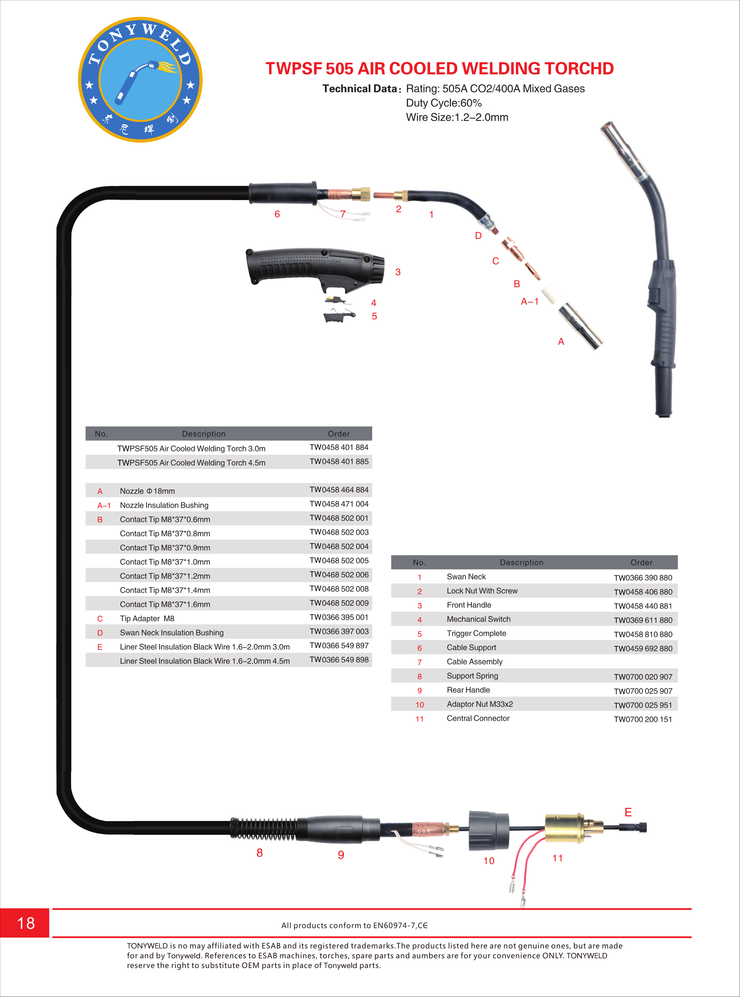 Esab PSF 505 gas air cooled CO2 Mig welding torches 3/4/5 M manufacture