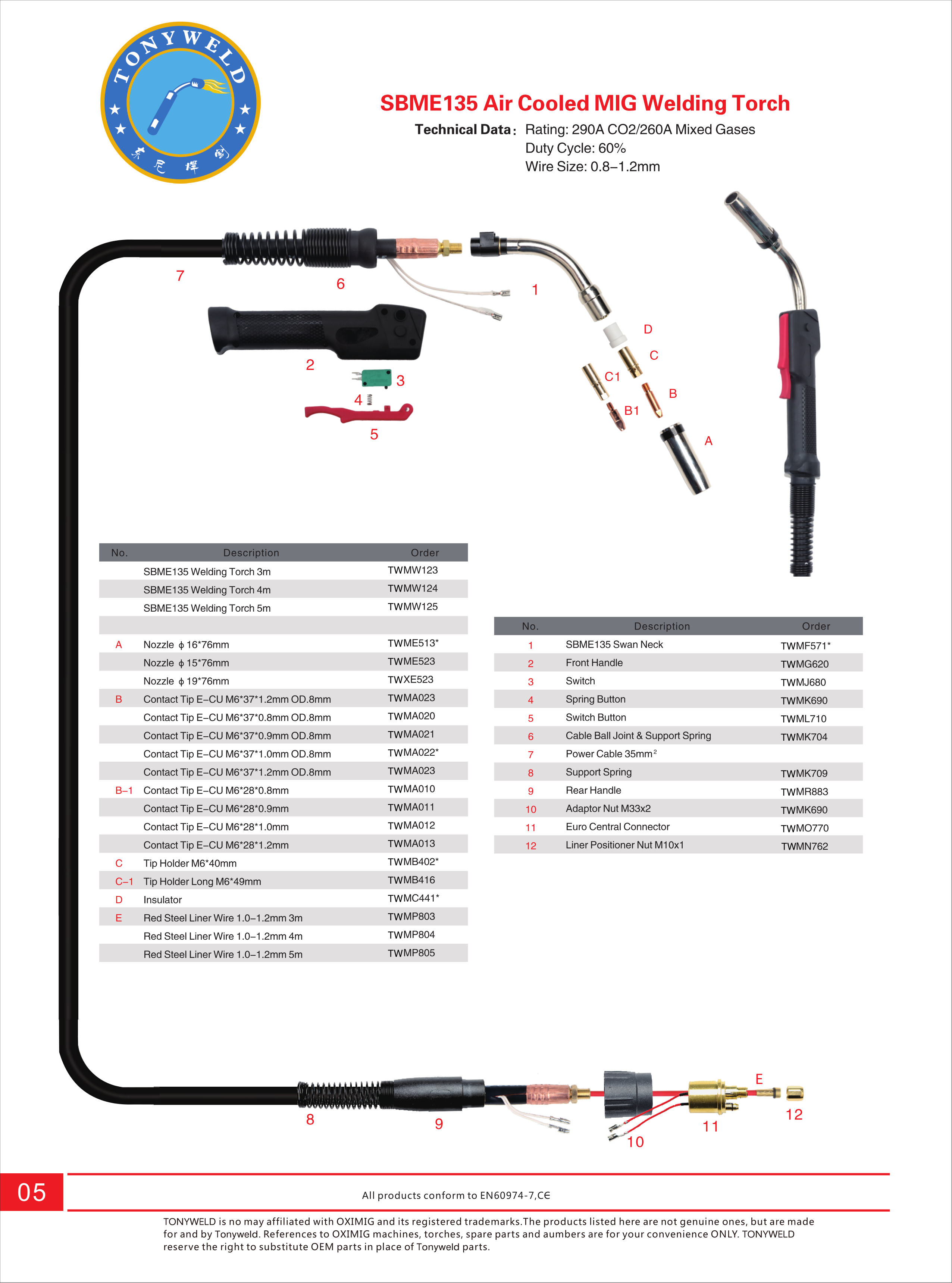Brazil OX SBME 135 gas air cooled CO2 Mig welding torches 3/4/5 M manufacture