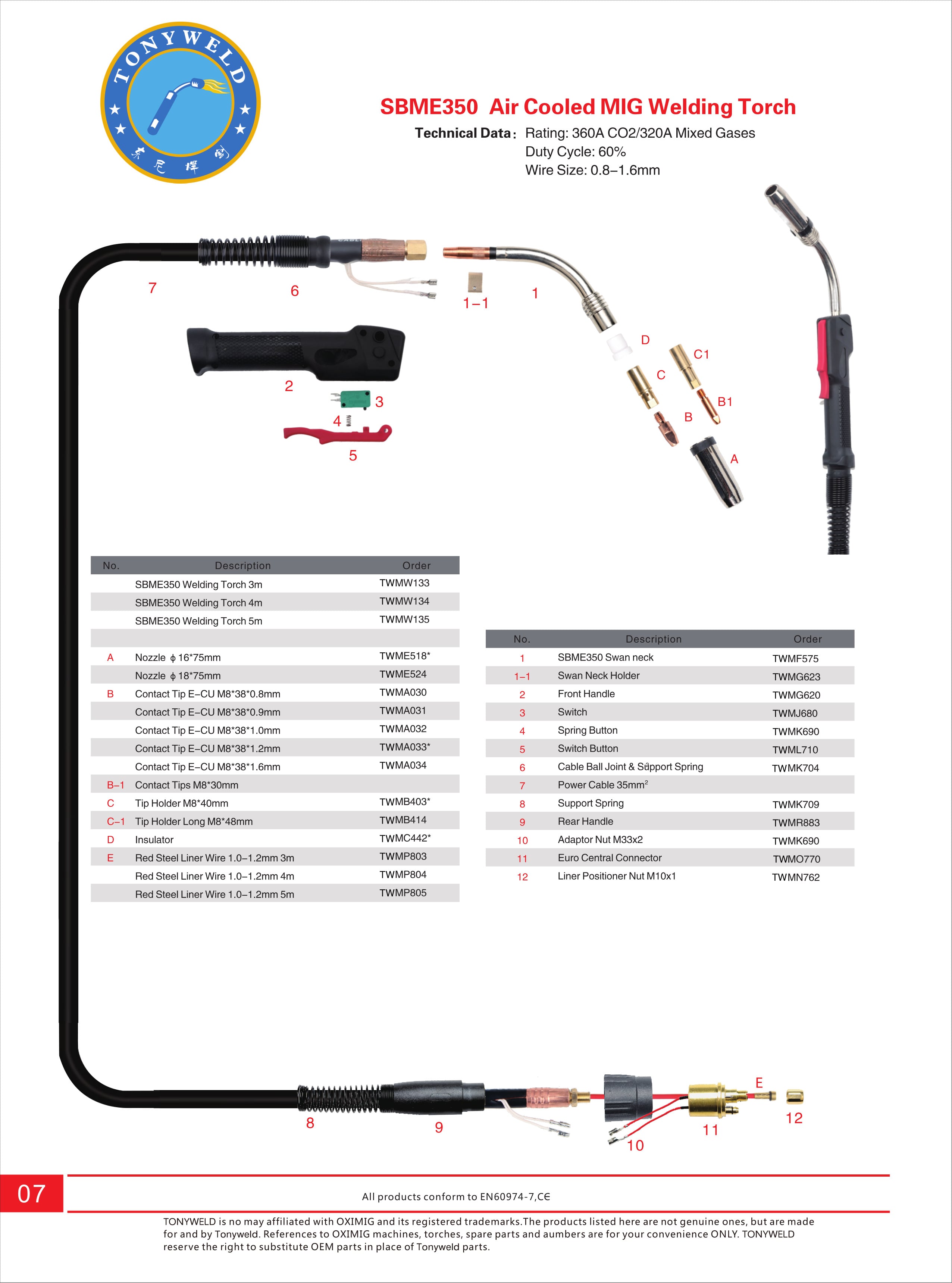 Brazil OX SBME 350 gas air cooled CO2 Mig welding torches 3/4/5 M supplier
