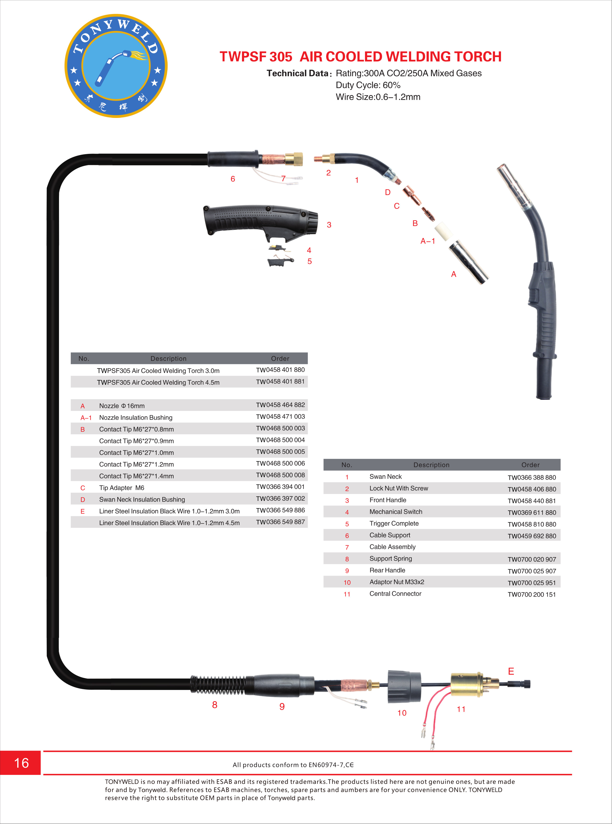 Esab PSF 305 gas air cooled CO2 Mig welding torches 3/4/5 M factory
