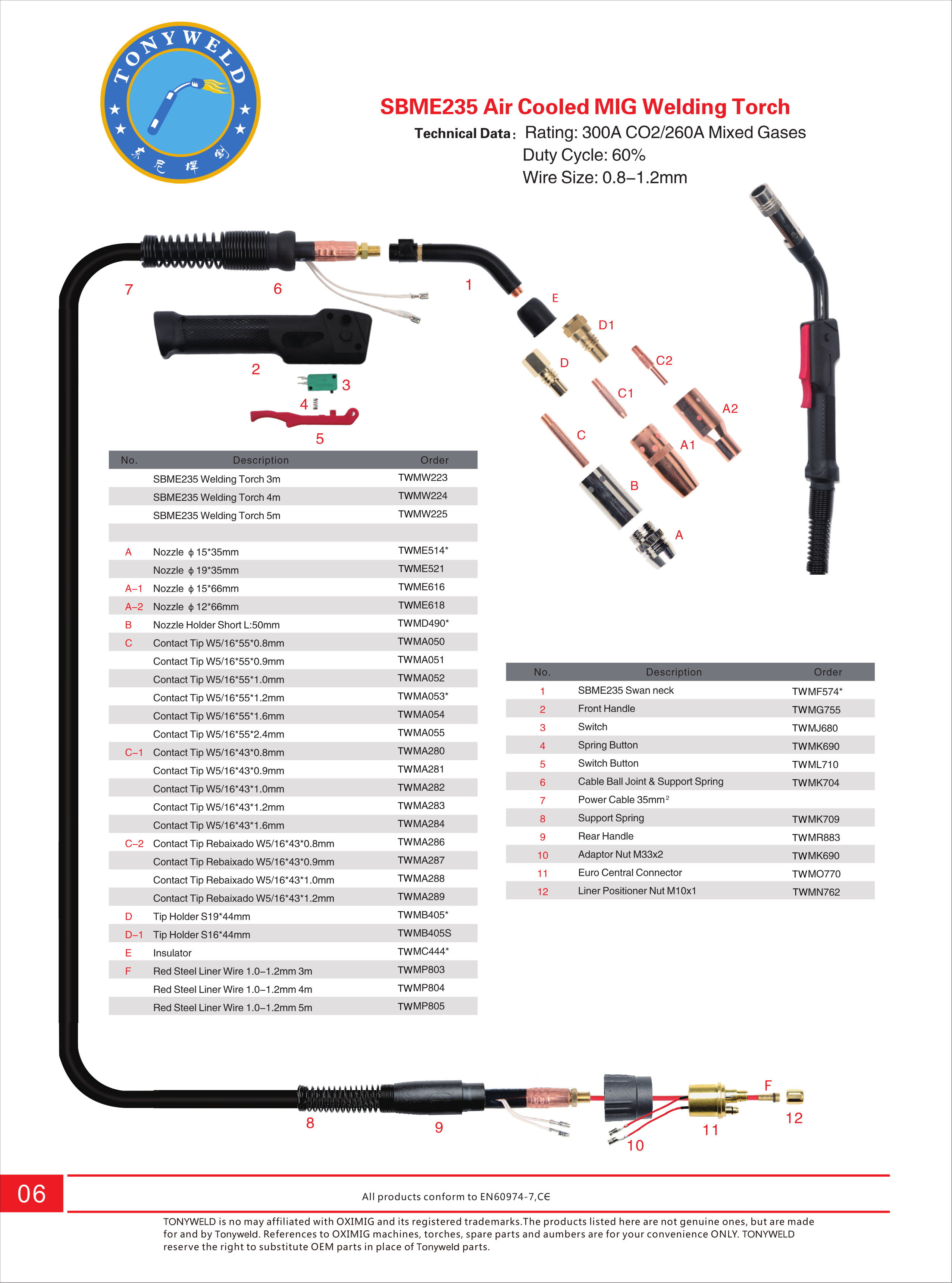 Brazil OX SBME 135 gas air cooled CO2 Mig welding torches 3/4/5 M details
