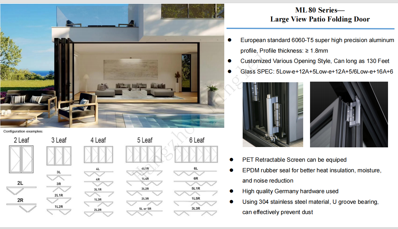 12 Feet Modern Design Air Tightness Aluminum Tempered Glass Patio Accordion Folding Doors manufacture