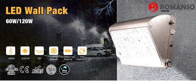 ROMANSO LED Wal Pack Light : 5 Years Warranty IP65 Outdoor Waterproof LED Outdoor LED Wall Pack Lamps High-Power Options of 60W 100W 120W 50000 Hour Lifetime Energy-Saving and Long-Lasting Performance. manufacture